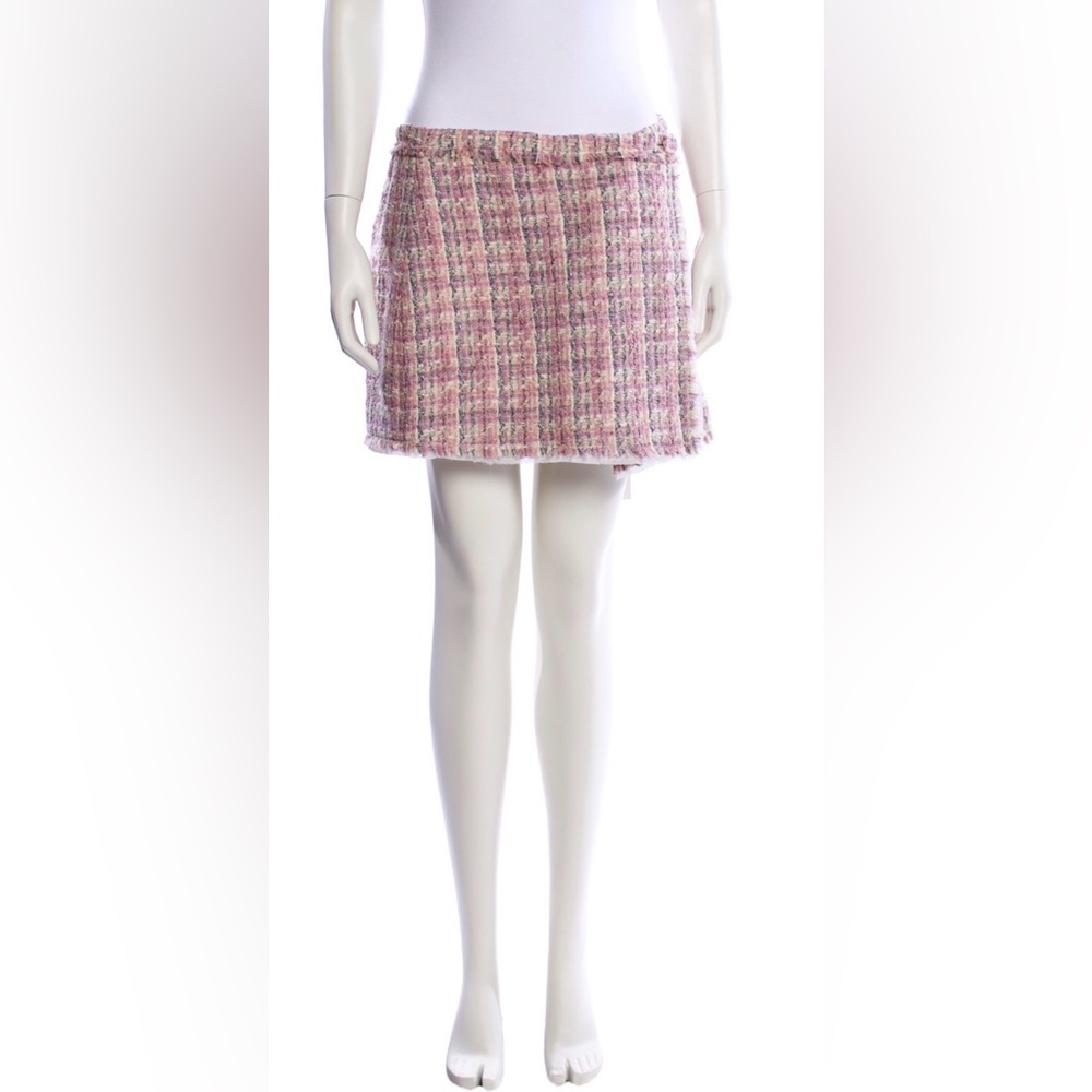 LOVESHACKFANCY SZ 10 Pink Tweed Wool Mini Skirt - Textured A-Line